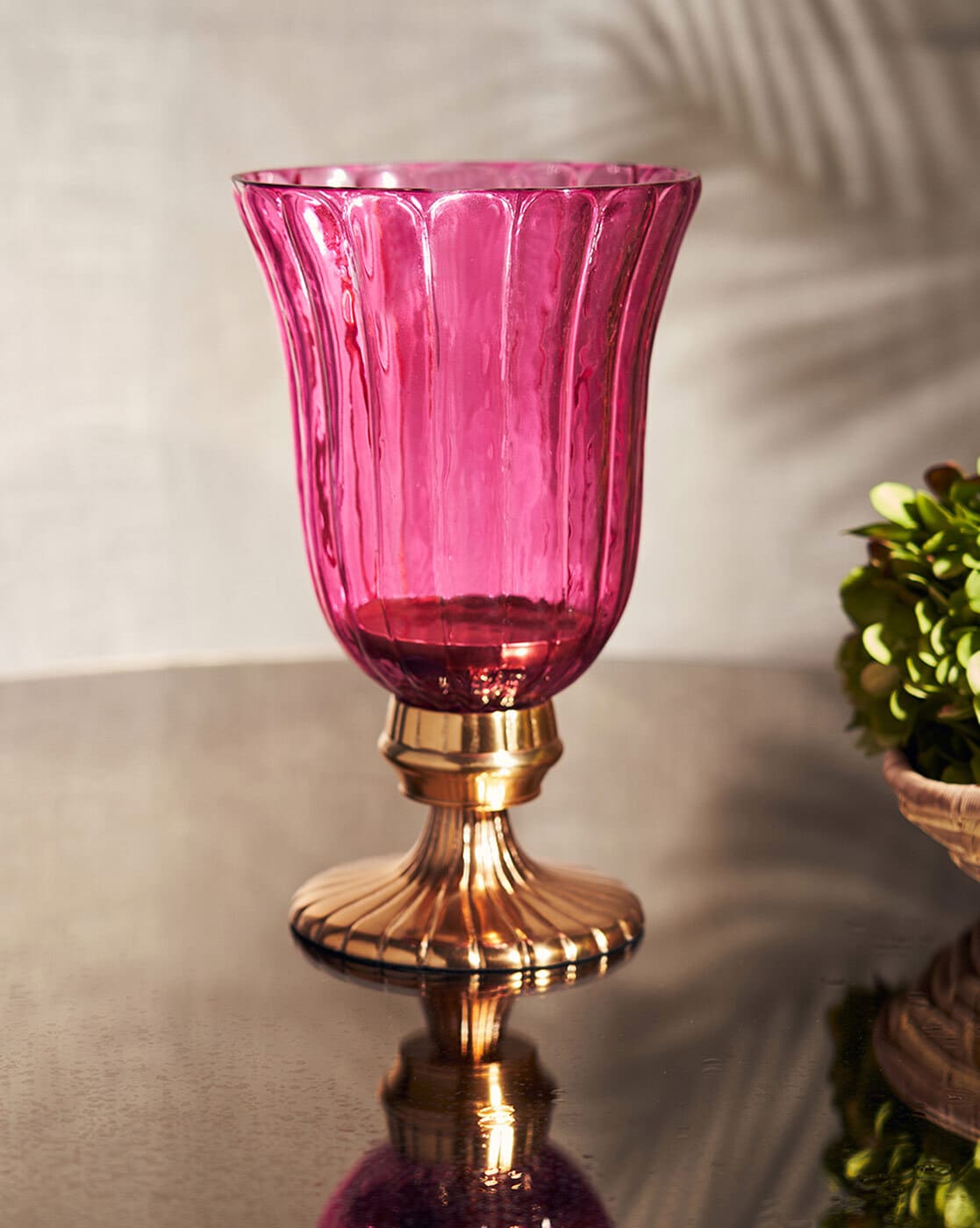 Lamp, Diyas & Candle | Pink Ribbed Glass Hurricane with Stand Home Decor Lamp, Diyas & Candle