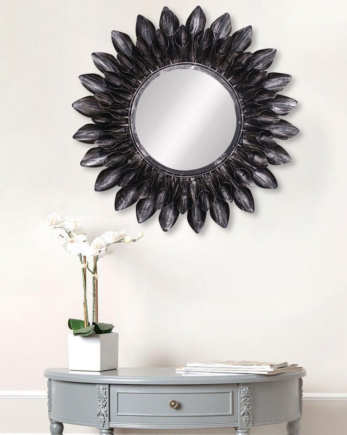 Mirrors | Black Decorative Metal Handcarved Wall Mirror Home Decor Mirrors