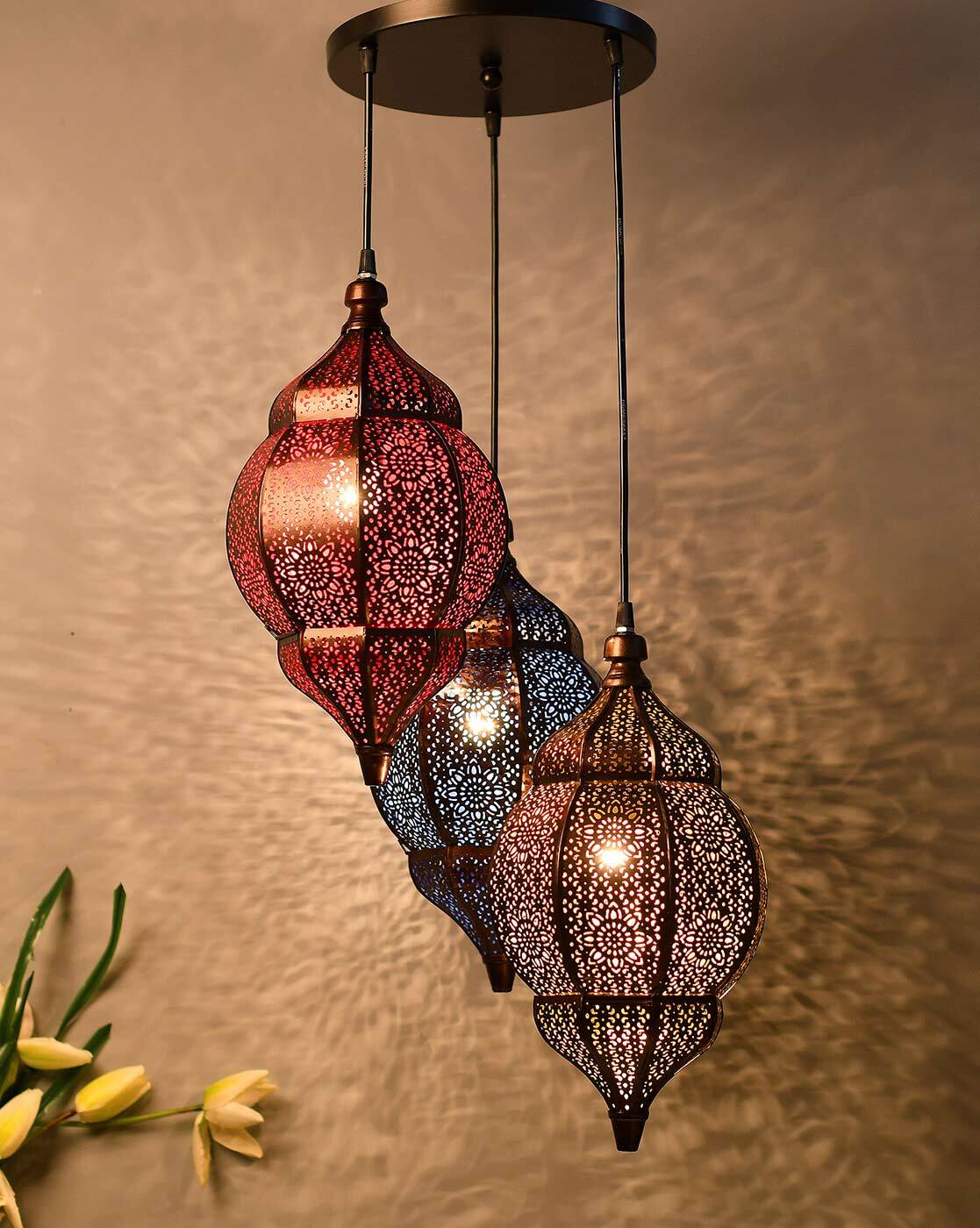 Lamp, Diyas & Candle | 3-Lights Round Cluster Chandelier Ceiling Multicolor Classic Moroccan Orb Hanging PendantLight Bulb Home Decor Lamp, Diyas & Candle